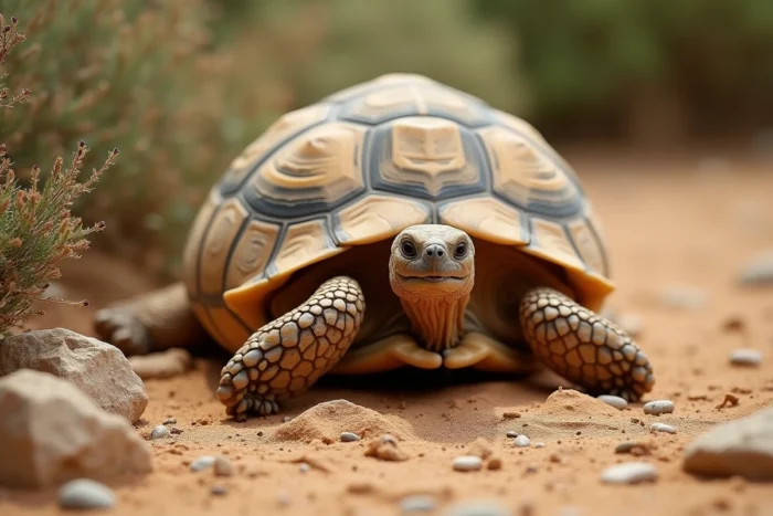 Tortue d'Hermann dans son habitat naturel extérieur adoptant une posture de repli défensif sur sol sableux et pierres