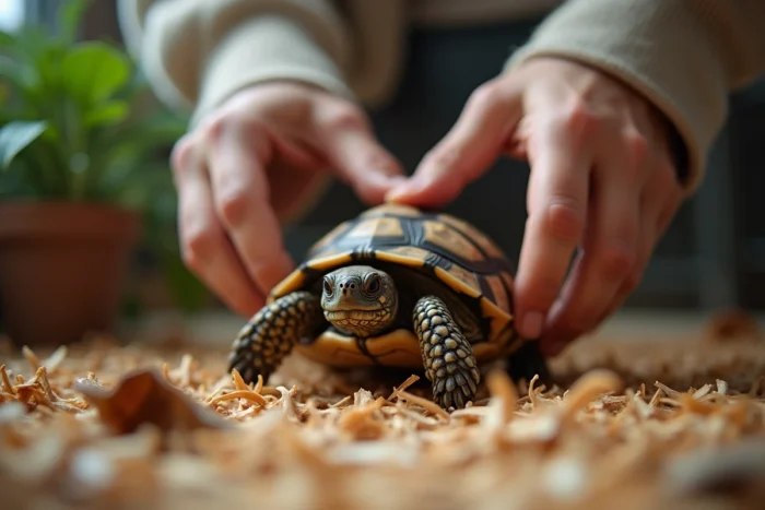 Mains humaines s'approchant d'une tortue terrestre en terrarium intérieur, animal montrant des signes de stress et de comportement défensif