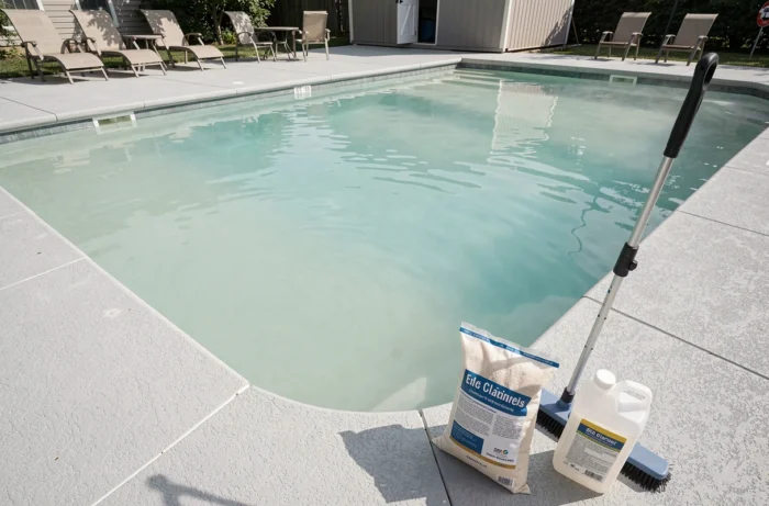 Produits de traitement flocculant posés au bord d'une piscine à l'eau trouble en cours de clarification