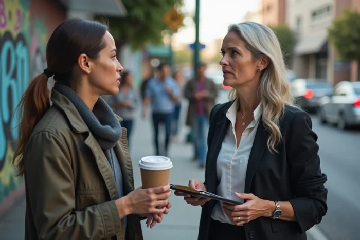 Travailleuse sociale tendant une aide à une femme dans la rue à Los Angeles, symbolisant les efforts de réinsertion autour de Loni Willison en 2026
