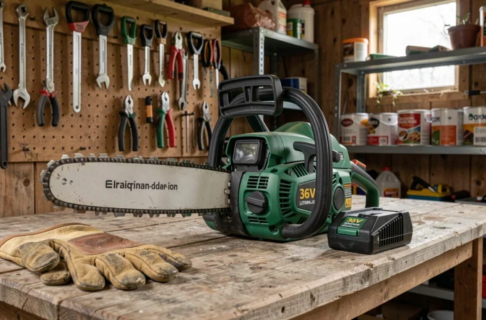 Tronçonneuse Black+Decker GKC3630L25-QW posée sur un établi en bois avec batterie lithium et gants de travail