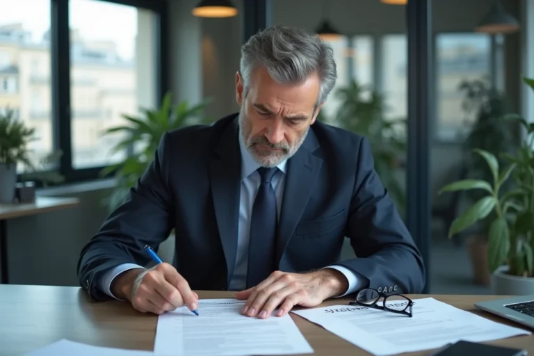 Un homme d'affaires en costume marine consulte des documents immobiliers dans un bureau moderne à Paris, illustrant la vérification d'un promoteur immobilier