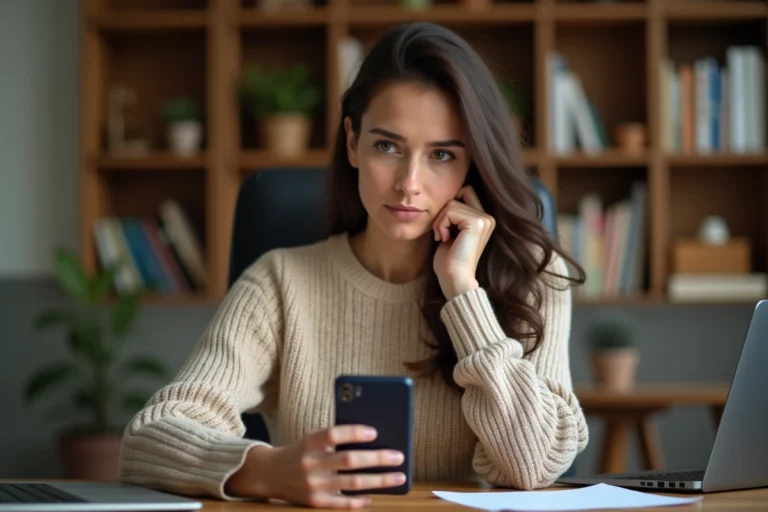 Femme consultant un numéro de téléphone étranger inconnu sur son smartphone dans un bureau à domicile
