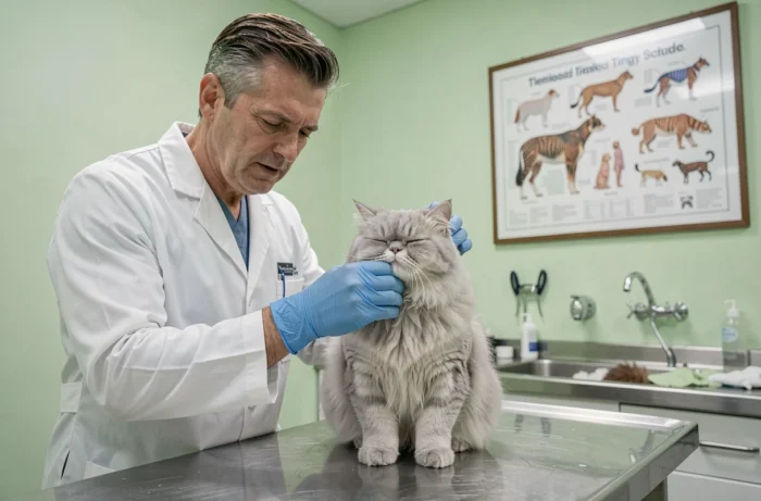 Vétérinaire qui prend soin du pelage d'un chat persan dans une clinique vétérinaire