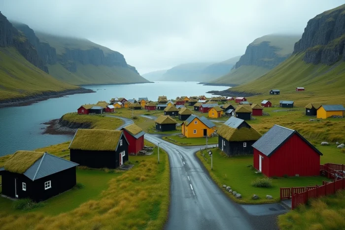Village traditionnel coloré aux îles Féroé avec maisons en bois et toits de tourbe au bord d'un fjord