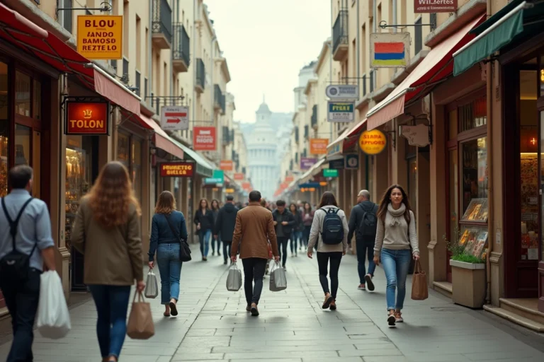 Zone commerciale de Dancharia animée le dimanche avec des boutiques ouvertes et des enseignes françaises et espagnoles